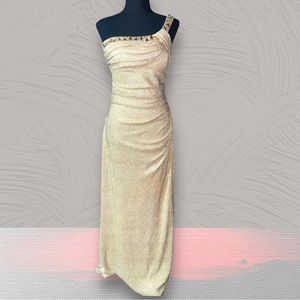 Y2K Cache | Gold one-shouldered ruched evening dress gold and silver